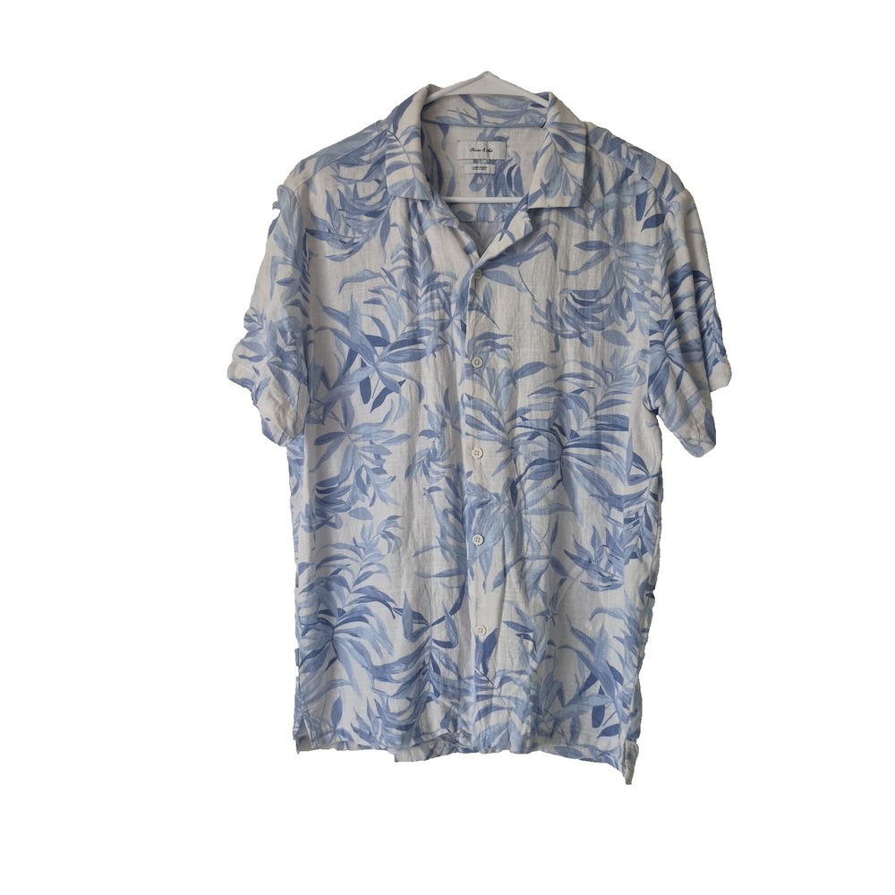 Porter & Ash Shirt Mens Medium Blue Tropical Linen Blend Short Sleeve